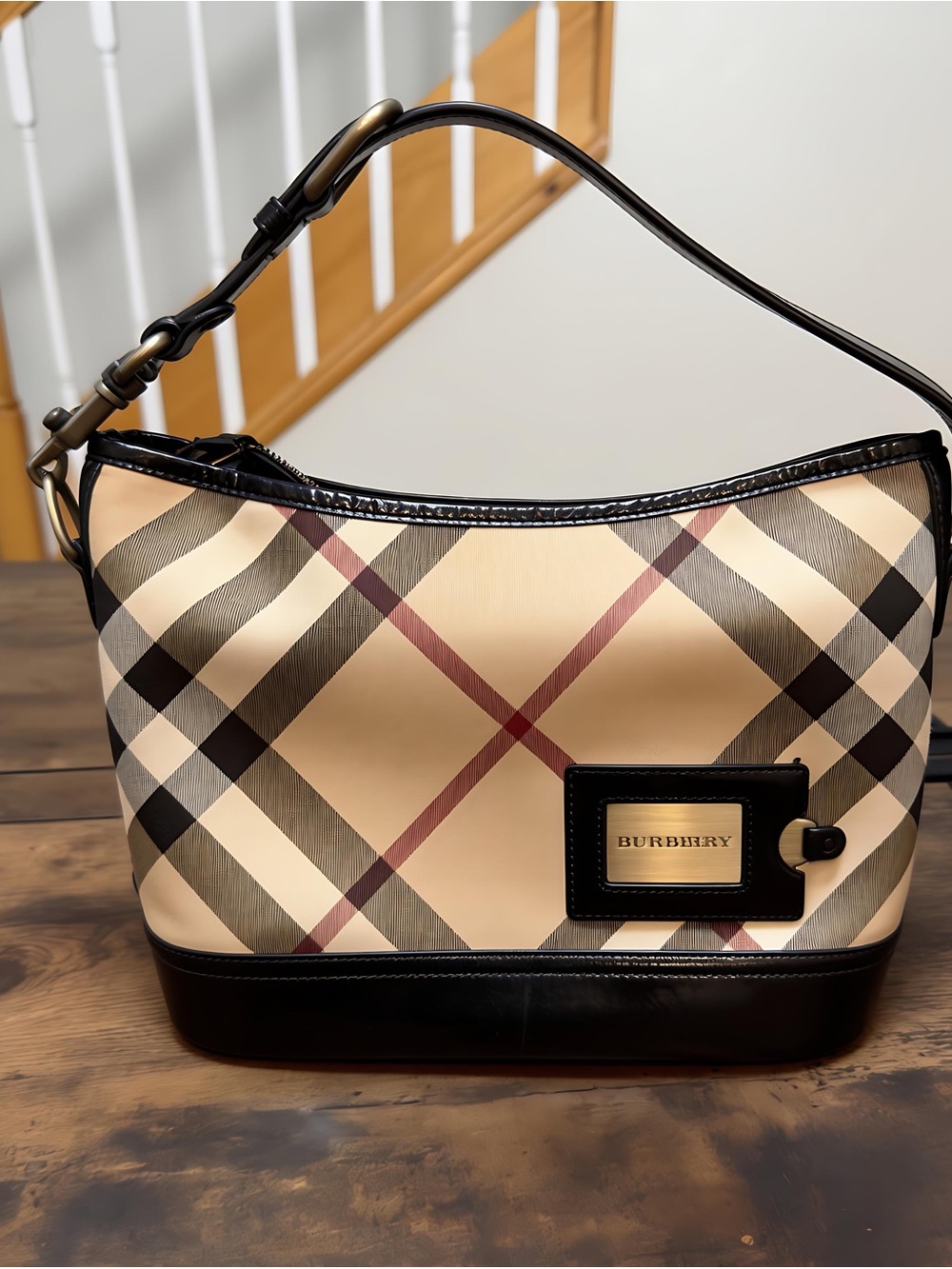 Burberry Black Trim Nova Check Shoulder Bag with Tan Plaid